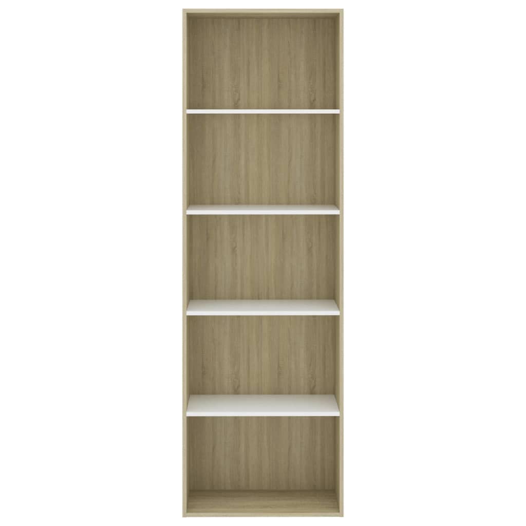 vidaXL Bookshelf, 5-Tier Book Cabinet Bookcase, Wall Bookshelf for Office, Freestanding Shelving Unit, Modern, White and Sonoma Oak Engineered Wood