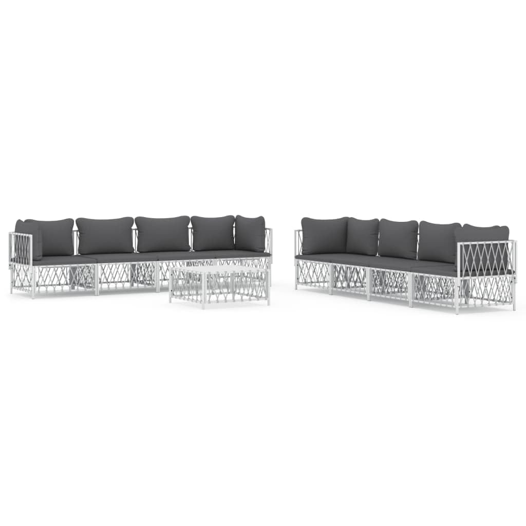 vidaXL 9-Piece Patio Lounge Set with Cushions in White - Steel Frame | Modular Outdoor Furniture | Comfortable Seating | Durable Woven Fabric Material | Ideal for Garden and Yard Spaces.