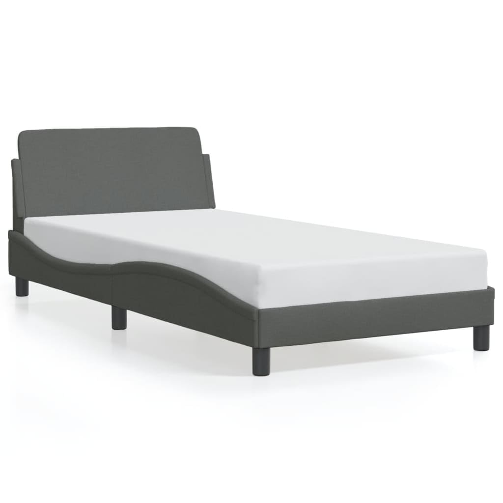 vidaXL Single Bed Frame with Headboard - Dark Gray Fabric - Elegant Wave Design with Supportive Legs & Stable Plywood Slat Base for Bedroom Furniture
