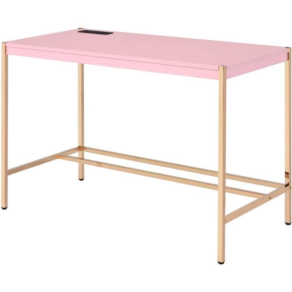 Acme Midriaks Wooden Top Writing Desk with USB Port in Pink and Gold