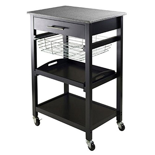 Ergode Julia Kitchen Cart - Sleek & Modern Design, Granite Top, Metal Basket, Removable Tray, Casters, Ample Storage, Black Finish. Dimensions: 22.6' W x 16' D x 34.1' H. (20322-VV)