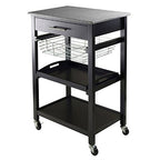 Ergode Julia Kitchen Cart - Sleek & Modern Design, Granite Top, Metal Basket, Removable Tray, Casters, Ample Storage, Black Finish. Dimensions: 22.6' W x 16' D x 34.1' H. (20322-VV)