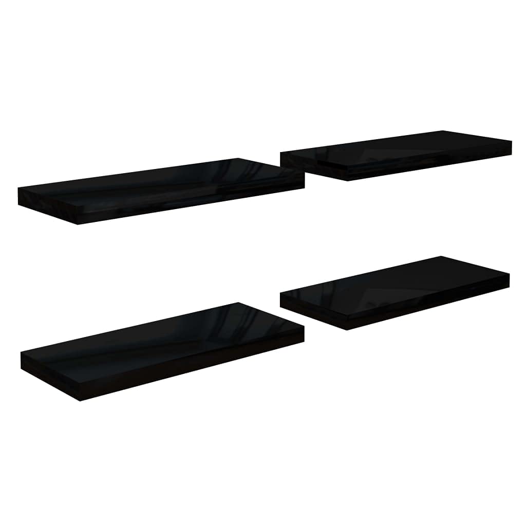 vidaXL Floating Wall Shelves, Set of 4, High Gloss Black, Honeycomb MDF and Metal Frame, Invisible Mounting System, Measurements 23.6&quot;x9.3&quot;x1.5&quot;