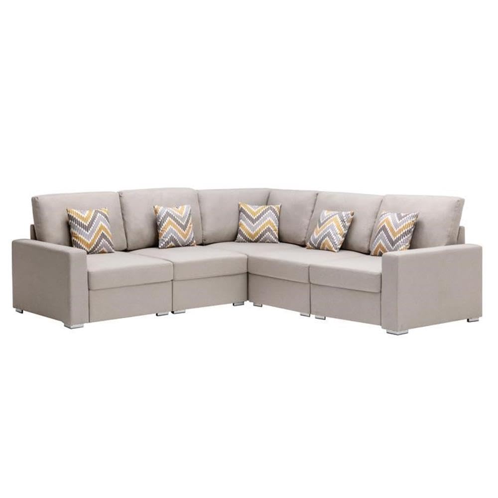 Lilola Home Nolan Beige Linen Fabric 5Pc Reversible Sectional Sofa with Pillows and Interchangeable Legs