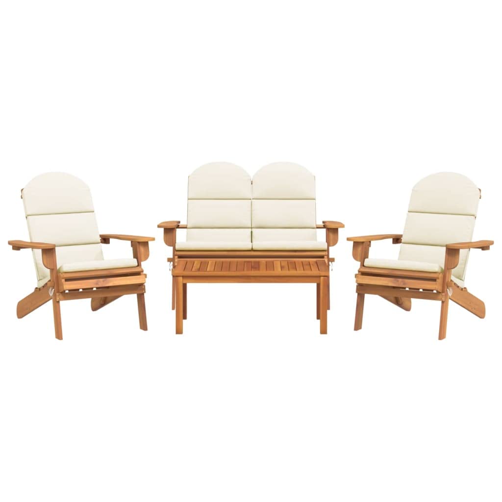 vidaXL Adirondack Style 4 Piece Patio Lounge Set, Solid Acacia Wood, Comprises of Chairs, Bench, Coffee Table with Cream White Cushions for Outdoor Garden