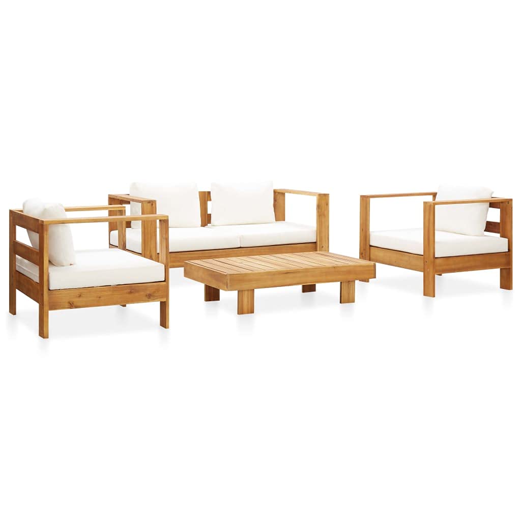 vidaXL Solid Wood Acacia Patio Lounge Set 4 Piece with Cushions Garden Outdoor Lawn Yard Terrace Balcony Wooden Sofa Furniture Cream