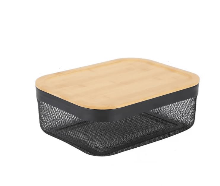 Homies Metal Wire Mesh Storage Basket With Bamboo Lid, Square, Multipurpose Kitchen Countertop Organiser For Fruit And Food, Ass