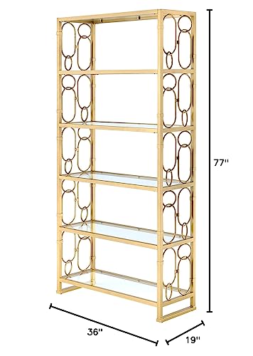 HomeRoots Glass, Metal 36' X 19' X 77' Clear Glass and Gold Bookcase