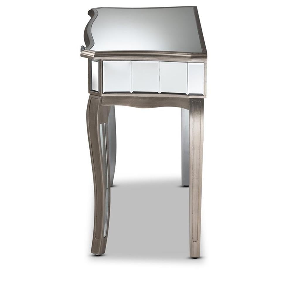 Baxton Studio Elgin ntemporary Glam and Luxe Brushed Silver Finished Wood and Mirrored Glass 1-Drawer nsole Table (11919)