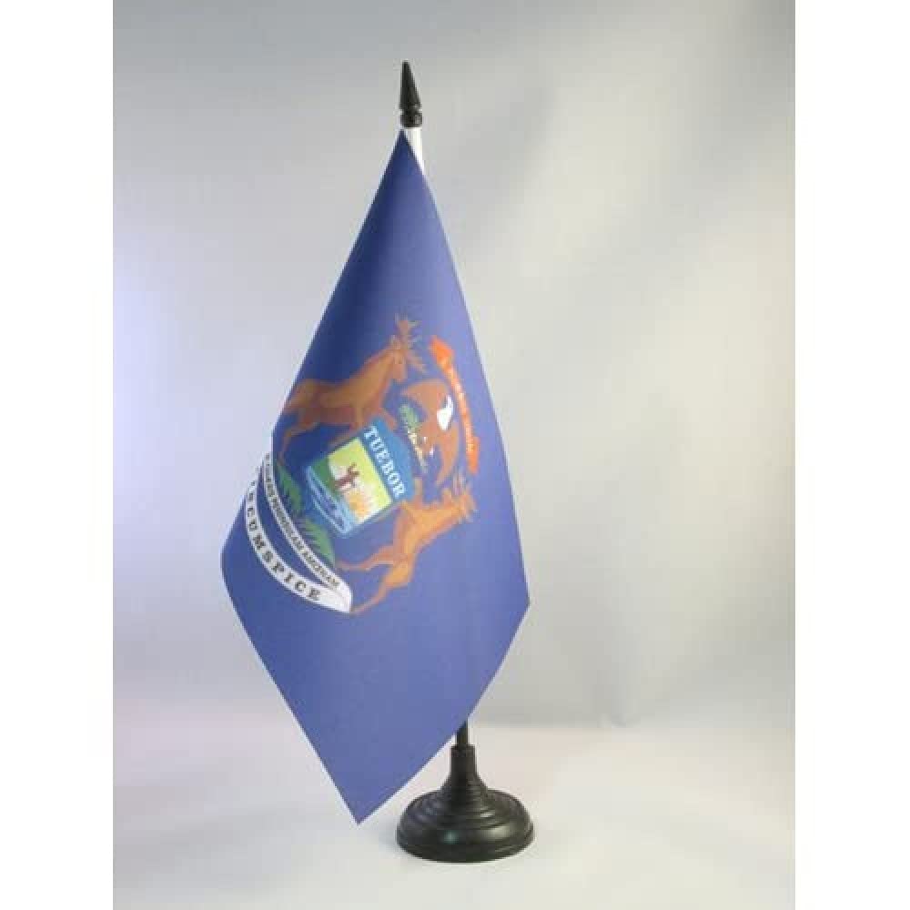 Michigan Table Flag 5' X 8' - Us State Of Michigan Desk Flag 21 X 14 Cm - Black Plastic Stick And Base - Az Flag