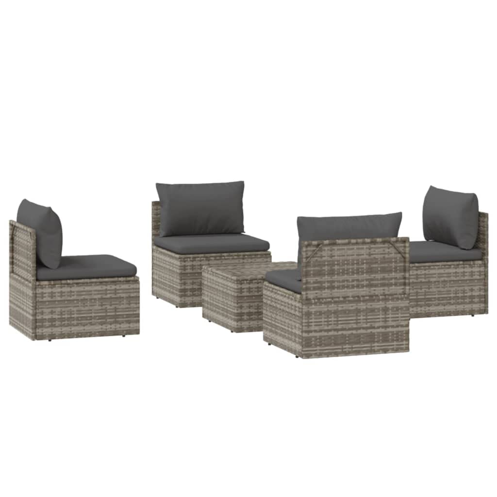 vidaXL - Modern 5 Piece Patio Lounge Set in Gray Poly Rattan with Cushions, Durable Weather Resistant Outdoor Furniture with Storage Function