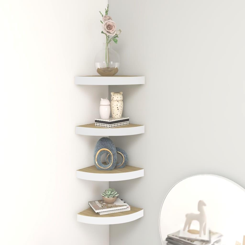 SKM Wall Corner Shelves 4 pcs Oak and White 13.7&quot;x13.7&quot;x1.4&quot; MDF