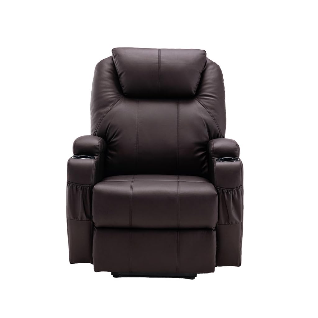 HomeRoots 520900 33 in. Brown Faux Leather Power Heated Massge Lift Assist Recliner