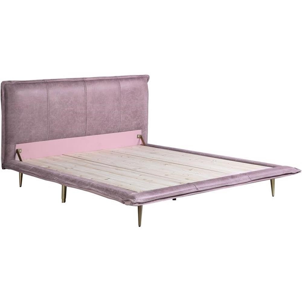 Acme Metis Top Grain Leather Upholstered Queen Bed with Metal Legs in Pink