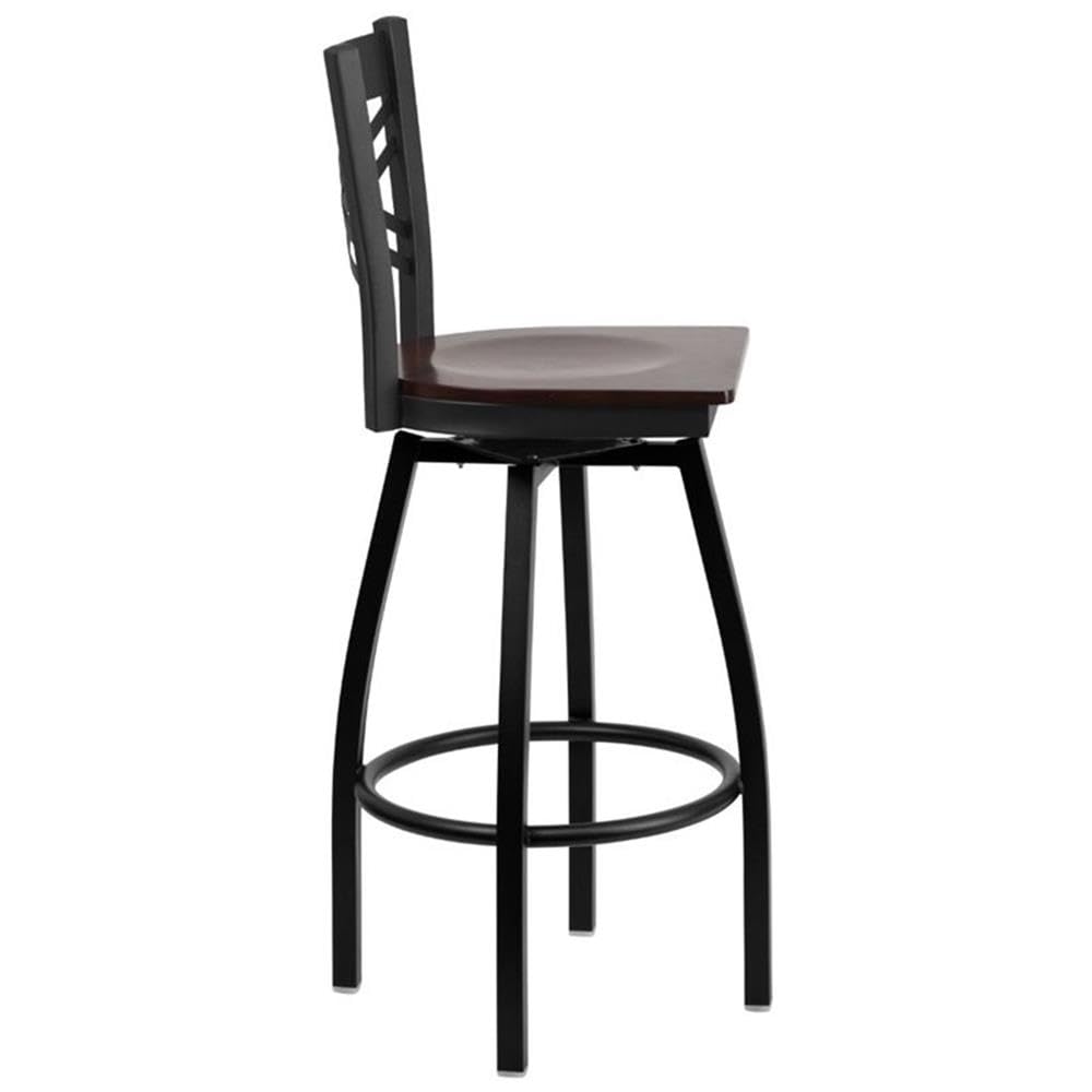 Flash Furniture HERCULES Series Black ''X'' Back Swivel Metal Barstool - Walnut Wood Seat