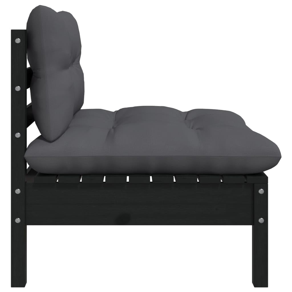 vidaXL Patio Middle Sofa - Comfortable with Cushions - Freestanding Black Garden Furniture - Solid Pinewood Construction - Flexible Modular Design