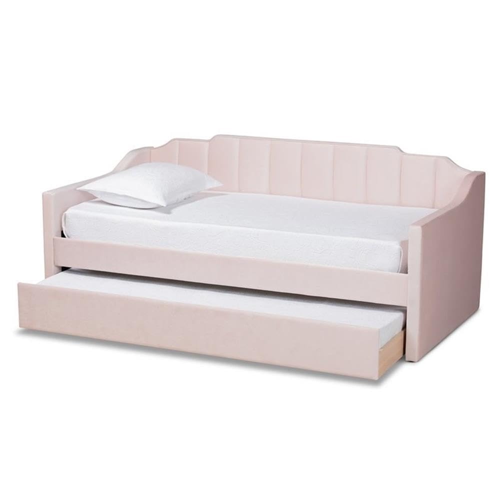 Baxton Studio Lennon Modern and Contemporary Pink Velvet Fabric Upholstered Twin Size Daybed with Trundle