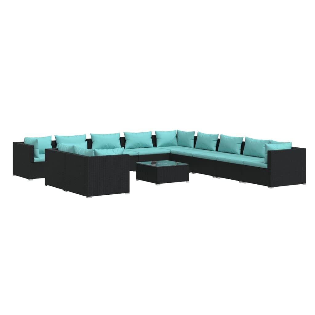 vidaXL 12-Piece Patio Lounge Set - Outdoor Modular Seating with Table, Comfortable Cushions, Water-Resistant Fabric, Black Poly Rattan