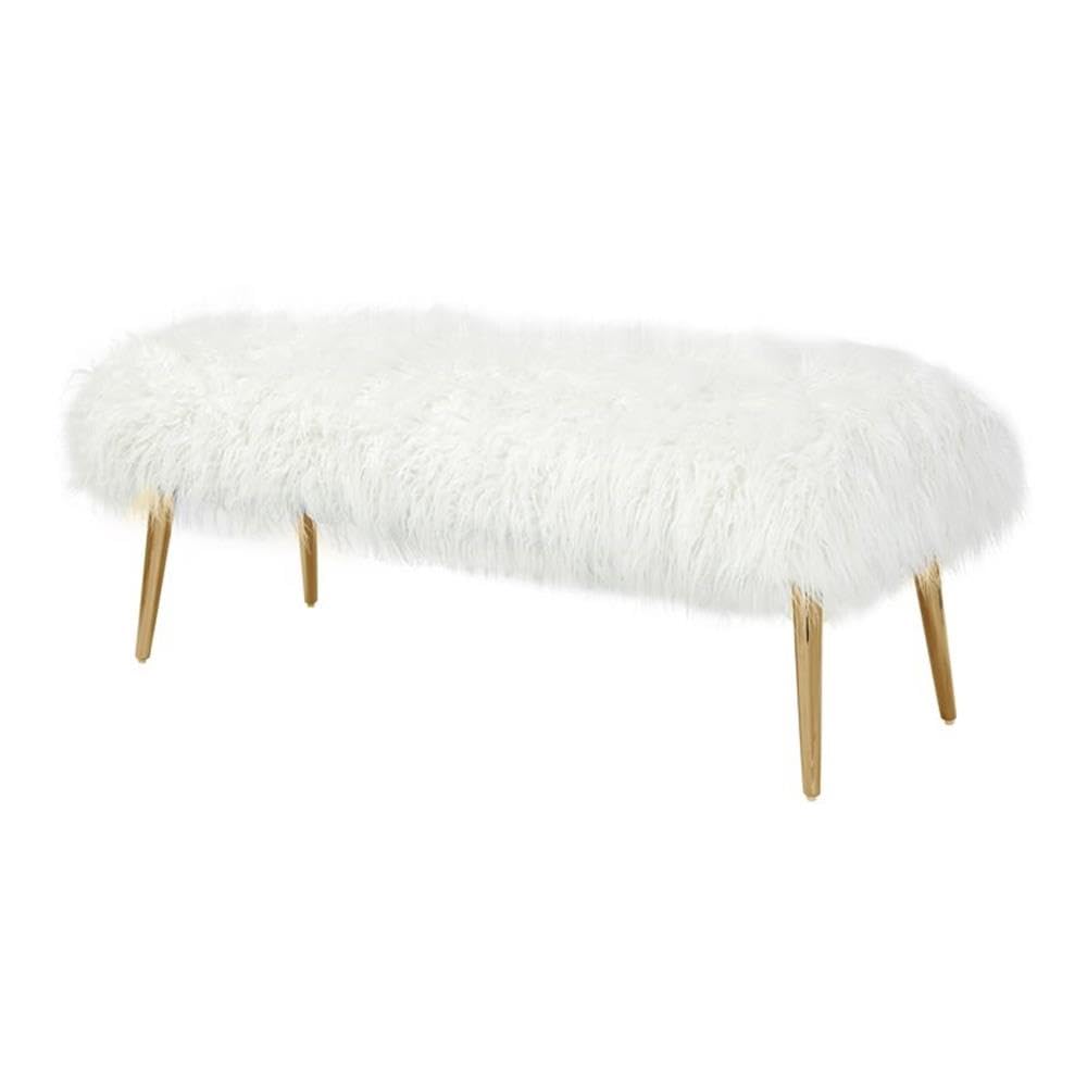 Pangea Home Lammy 17&quot; Modern Metal & Faux Fur Bench In White/Gold