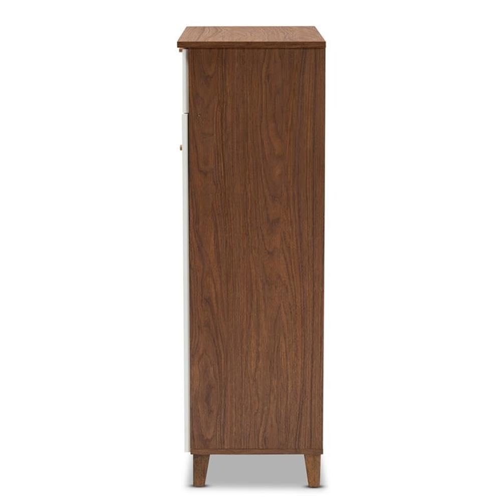 Baxton Studio Coolidge White and Walnut 5-Shelf Wood Shoe Cabinet with Drawer