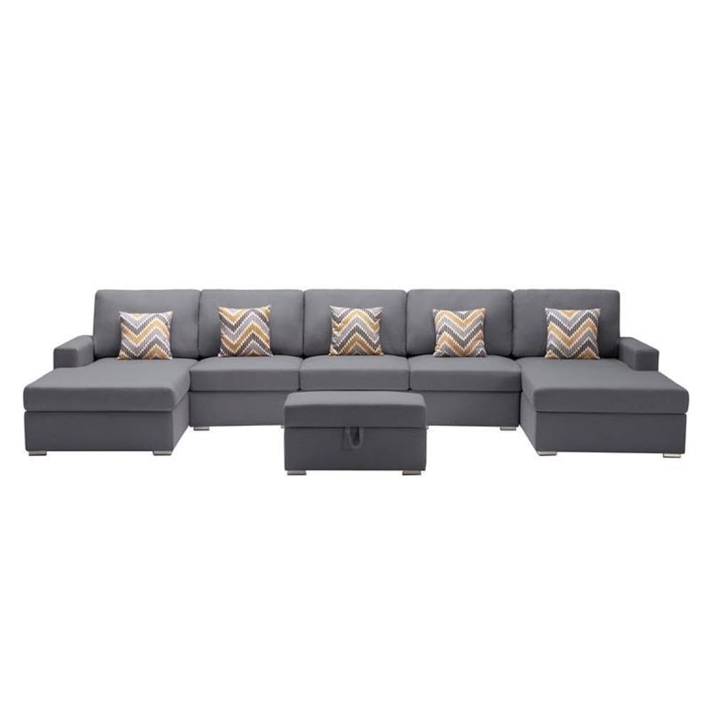 Lilola Home Nolan Gray Linen Fabric 6Pc Double Chaise Sectional Sofa with Interchangeable Legs, Storage Ottoman, and Pillows