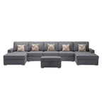 Lilola Home Nolan Gray Linen Fabric 6Pc Double Chaise Sectional Sofa with Interchangeable Legs, Storage Ottoman, and Pillows