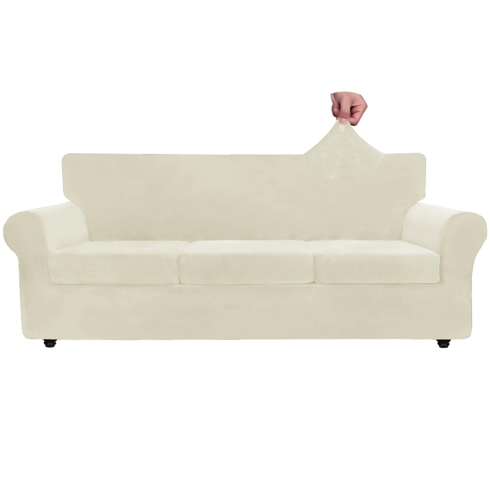Znsayotx Luxury Velvet Couch Cover 4 Piece Stretch Oversized Sofa Covers For 3 Cushion Couch Thick Soft Large Sofa Slipcover Anti Slip Dogs Pet Furniture Protector (Beige), 91'-110'(3 Cushions)
