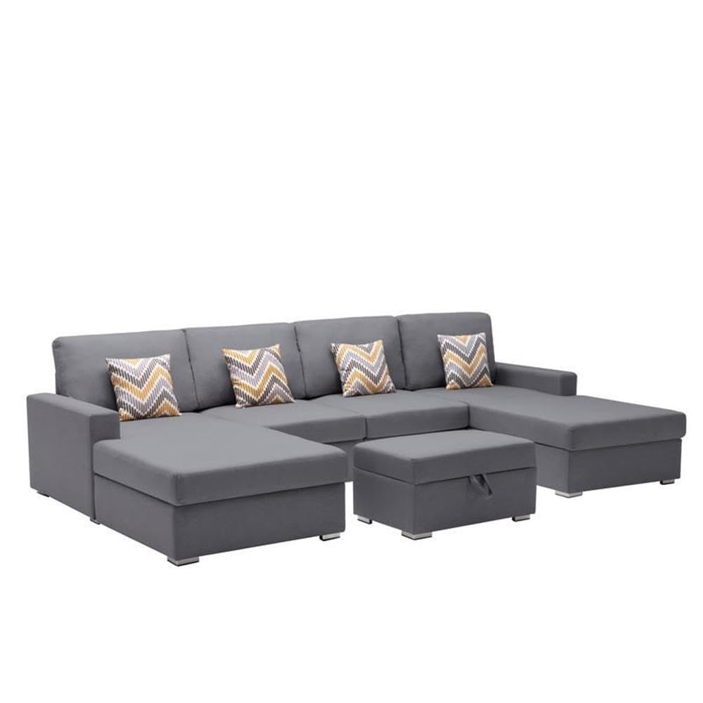 Lilola Home Nolan Gray Linen Fabric 5Pc Double Chaise Sectional Sofa with Interchangeable Legs, Storage Ottoman, and Pillows