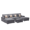 Lilola Home Nolan Gray Linen Fabric 5Pc Double Chaise Sectional Sofa with Interchangeable Legs, Storage Ottoman, and Pillows