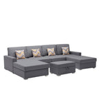 Lilola Home Nolan Gray Linen Fabric 5Pc Double Chaise Sectional Sofa with Interchangeable Legs, Storage Ottoman, and Pillows
