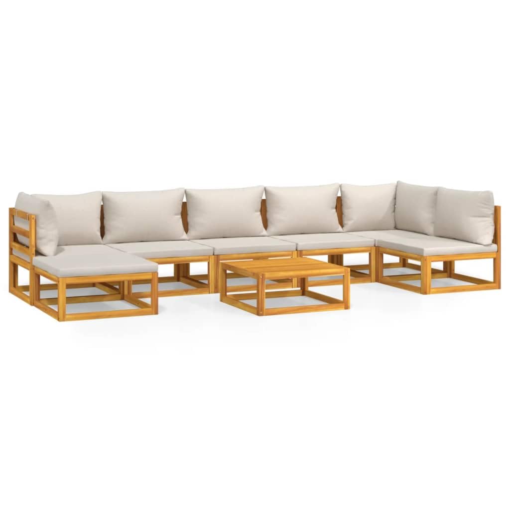 vidaXL 8-Piece Patio Furniture Set - Solid Acacia Wood, Light Gray Cushions, Modular 27.8x26.8 Sofas, 26.8x26.8x11.4 Table