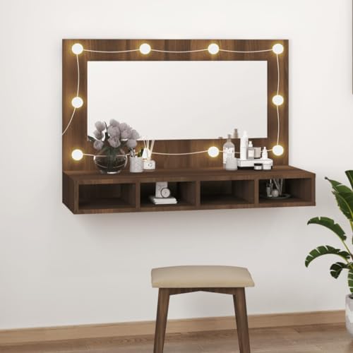 vidaXL Mirror Cabinet with LED Brown Oak 35.4&quot;x12.4&quot;x24.4&quot;
