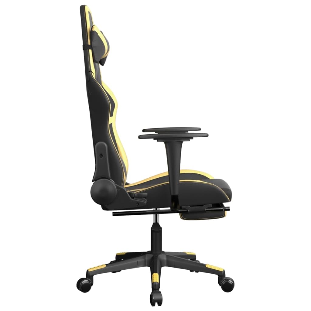 vidaXL Gaming Chair with Adjustable Seat and Backrest, Faux Leather Construction, Footrest Included, Elegant Black and Gold.