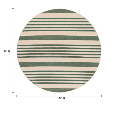 Safavieh Courtyard Collection Area Rug - 5'3'' Round, Beige & Dark Green, Stripe Design, Non-Shedding & Easy Care, Indoor/Outdoo