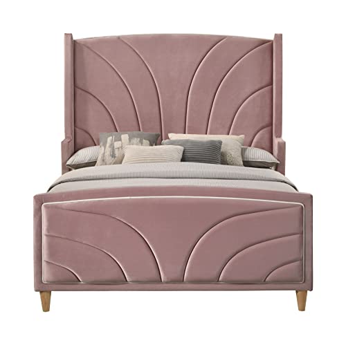 Acme Salonia Tufted Velvet Upholstery Queen Bed with Wood Leg in Pink