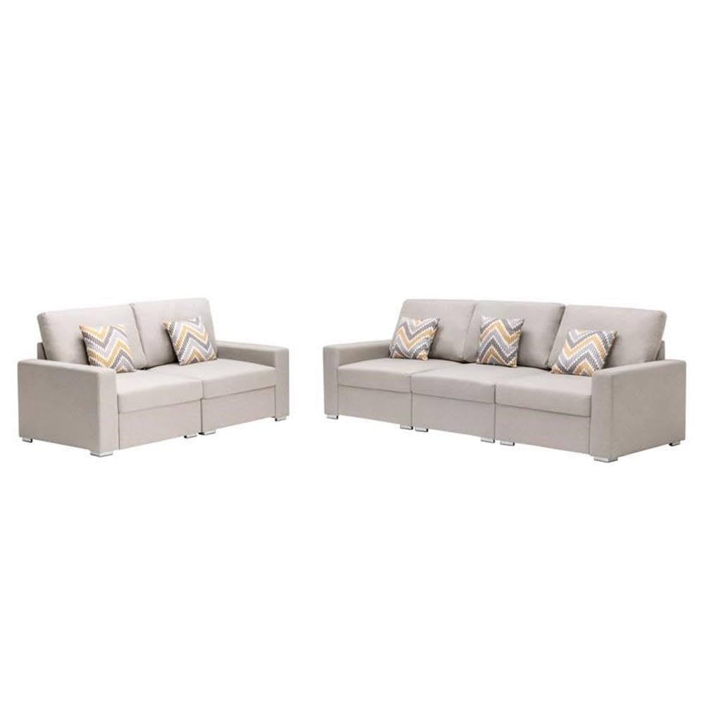 Lilola Home Nolan Beige Linen Fabric Sofa and Loveseat Living Room Set with Pillows and Interchangeable Legs