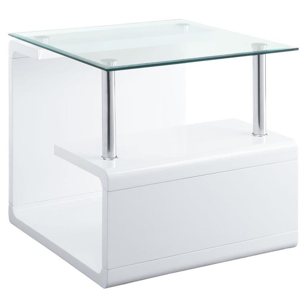 Acme Nevaeh Square Wooden End Table with Glass Top in Clear and White High Gloss