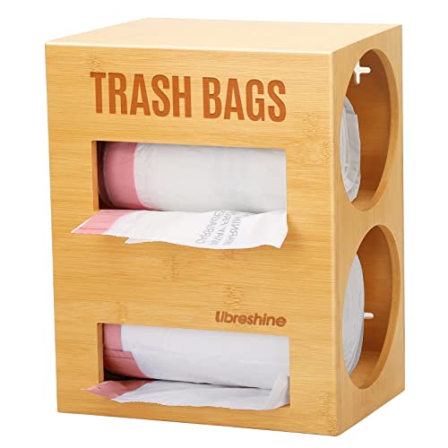 Libreshine 2-In-1 Bamboo Trash Bag Dispenser, Garbage & Grocery Bag Holder, Holds 2 Standard Rolls, Wall-Mount/Under-Sink Storag