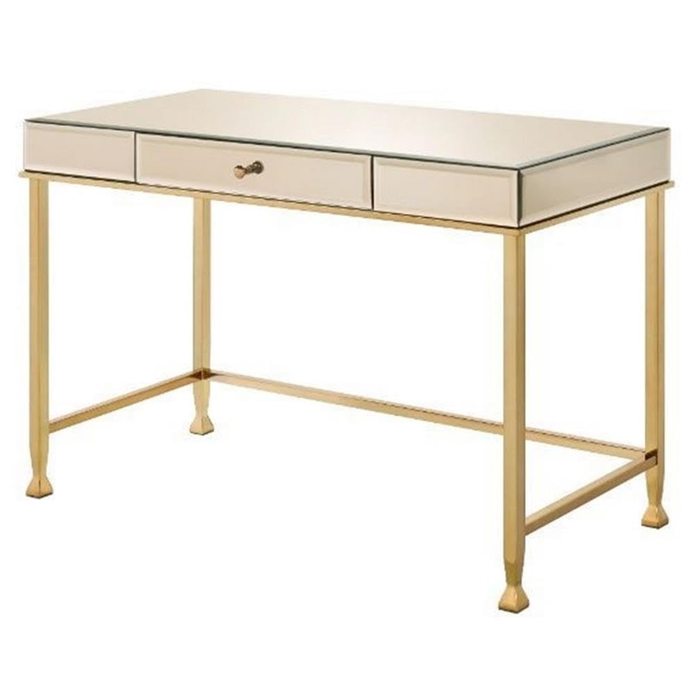 Acme Canine Rectangular Wood Top Writing Desk in Smoky Mirrored and Champagne