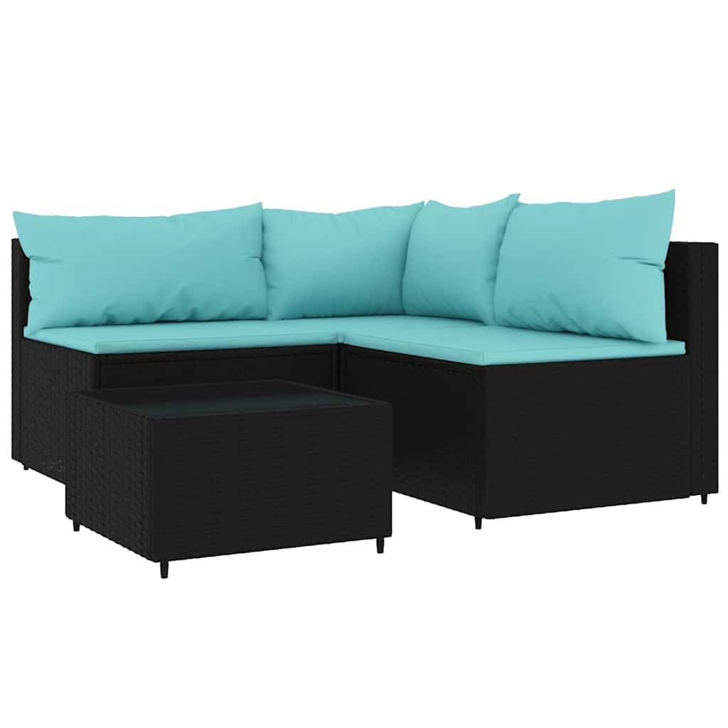 vidaXL 4-Piece Patio Lounge Set in Black Poly Rattan with Cushions - Weather-, Easy-to-Clean, Powder-Coated Steel Frame, Tempere