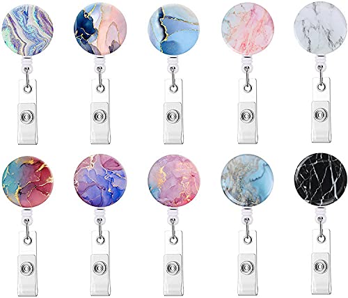 Retractable Badge Holders, Cute Nursing Badge Reel, Badge Clip Id Card Holders (10Pack Pretty Marble-1)