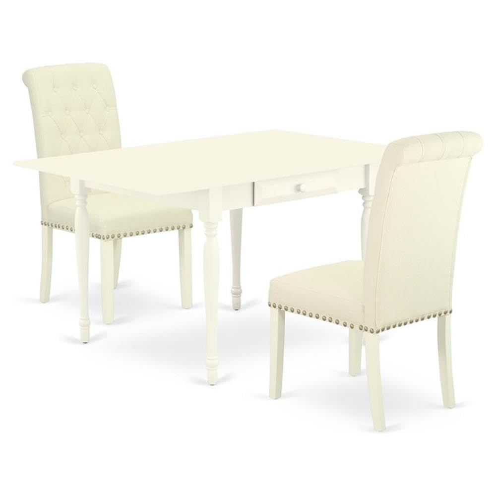 East West Furniture 1MZBR3-LWH-02 3 Piece Dining Room Furniture Set Contains a Rectangle Dining Table with Dropleaf and 2 Light Beige Linen Fabric Upholstered Chairs, 36x54 Inch, Linen White