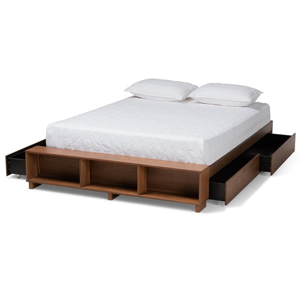 Baxton Studio Arthur Modern Rustic Ash Walnut Brown Finished Wood King Size Platform Bed with Built-in Shelves