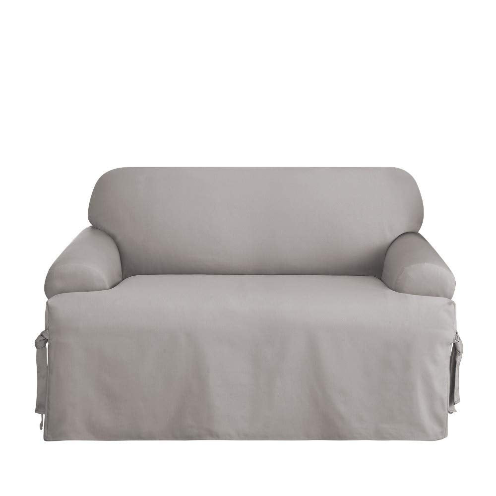 Surefit Cotton Duck Loveseat T-Cushion One Piece Slipcover, Furniture Cover, Relaxed Woven Fit, 100% Cotton, Machine Washable, Gray