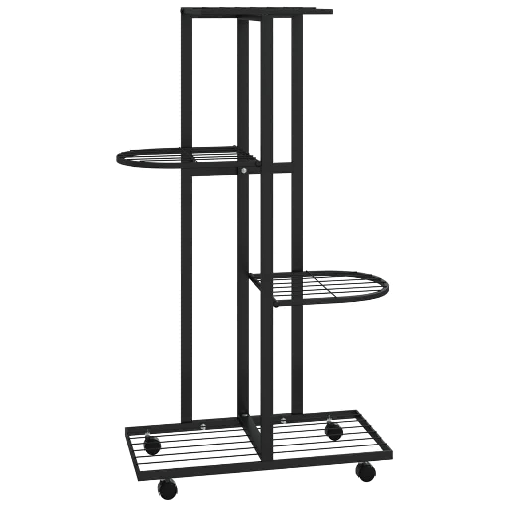 vidaXL Black Iron 4-Floor Flower Stand with Wheels - Compact Corner Plant Shelf for Indoor and Outdoor Display and Storage