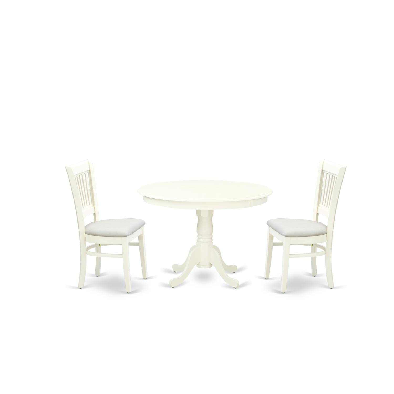 East West Furniture Hlva3-Lwh-C 3 Piece Kitchen Table & Chairs Set Contains A Round Dining Table With Pedestal And 2 Linen Fabric Dining Room Chairs, 42X42 Inch, Linen White