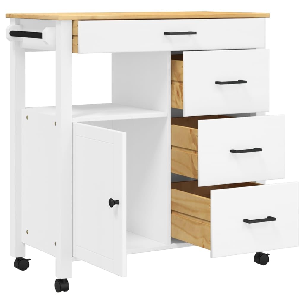 vidaXL Solid Pine Wood Kitchen Trolley - White/Honey Wax, Rolling Storage Cart with Drawers, Cabinet, and Wheels for Home Organization