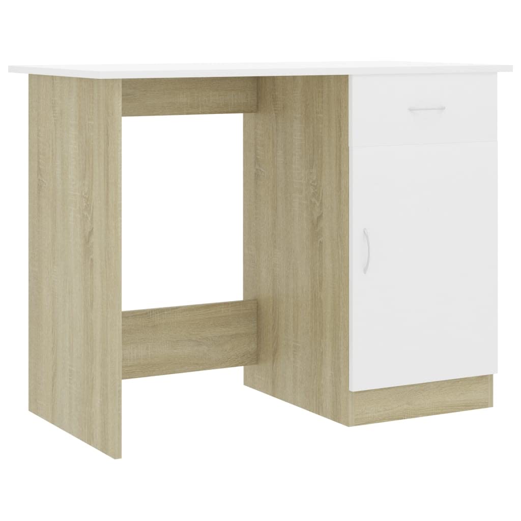 vidaXL Desk, Standing Computer Desk with Drawer, Home Office Desk, Workstation for Living Room Bedroom, Modern, White and Sonoma Oak Engineered Wood