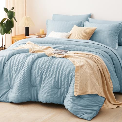 Cozylux Full Seersucker Comforter Set With Sheets Light Blue Bed In A Bag 7-Pieces All Season Bedding Sets With Comforter, Pillo