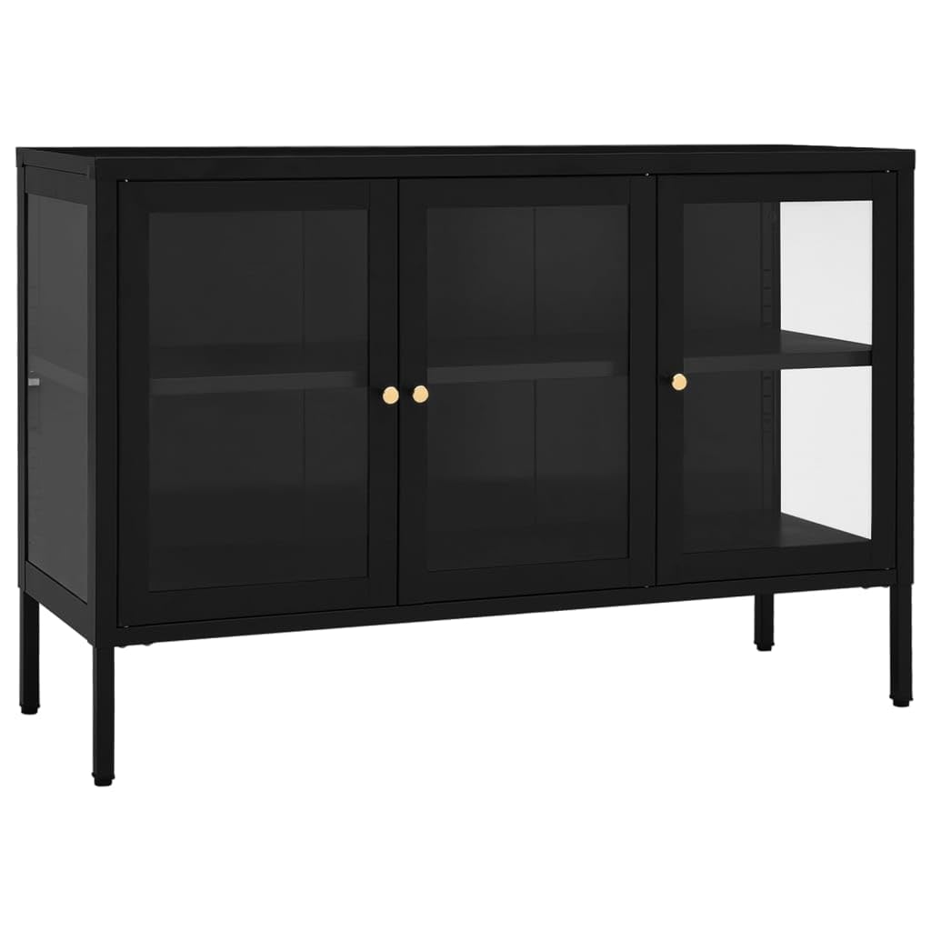 vidaXL Powder-Coated Steel Sideboard - Black Tempered Glass Door Storage Cabinet with Adjustable Shelf and Sturdy Structure for Books and Decoratives